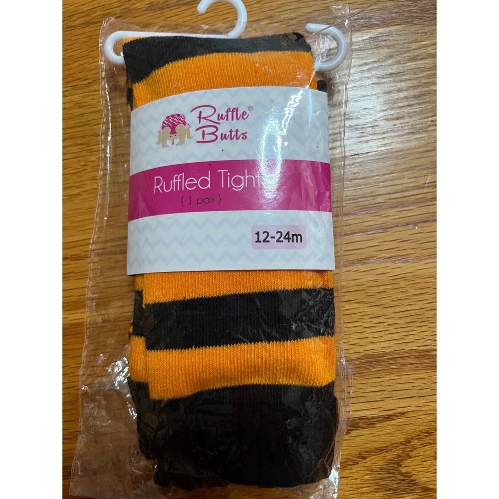 RuffleButts Baby Girl Orange Black Striped Ruffled Tights 12-24m Halloween Fall